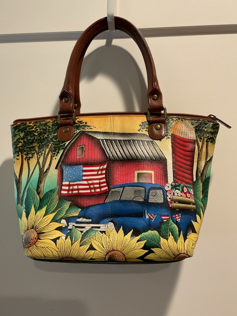 ANUSCHKA Blue Truck Barn Hand-Painted Leather Purse Handbag - Picture 2 of 15